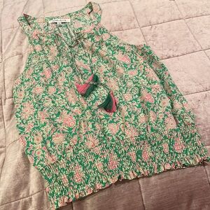 Rose & Olive Green Pink Floral Smocked Waist Sleeveless Rayon Boho Blouse Small